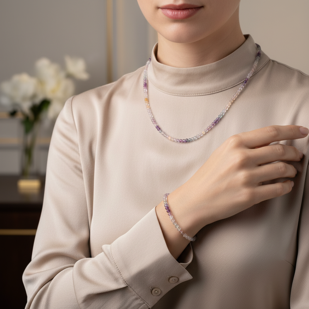 Laboratory Certified Fluorite Natural Stone Necklace & Bracelet Set 3–4 mm