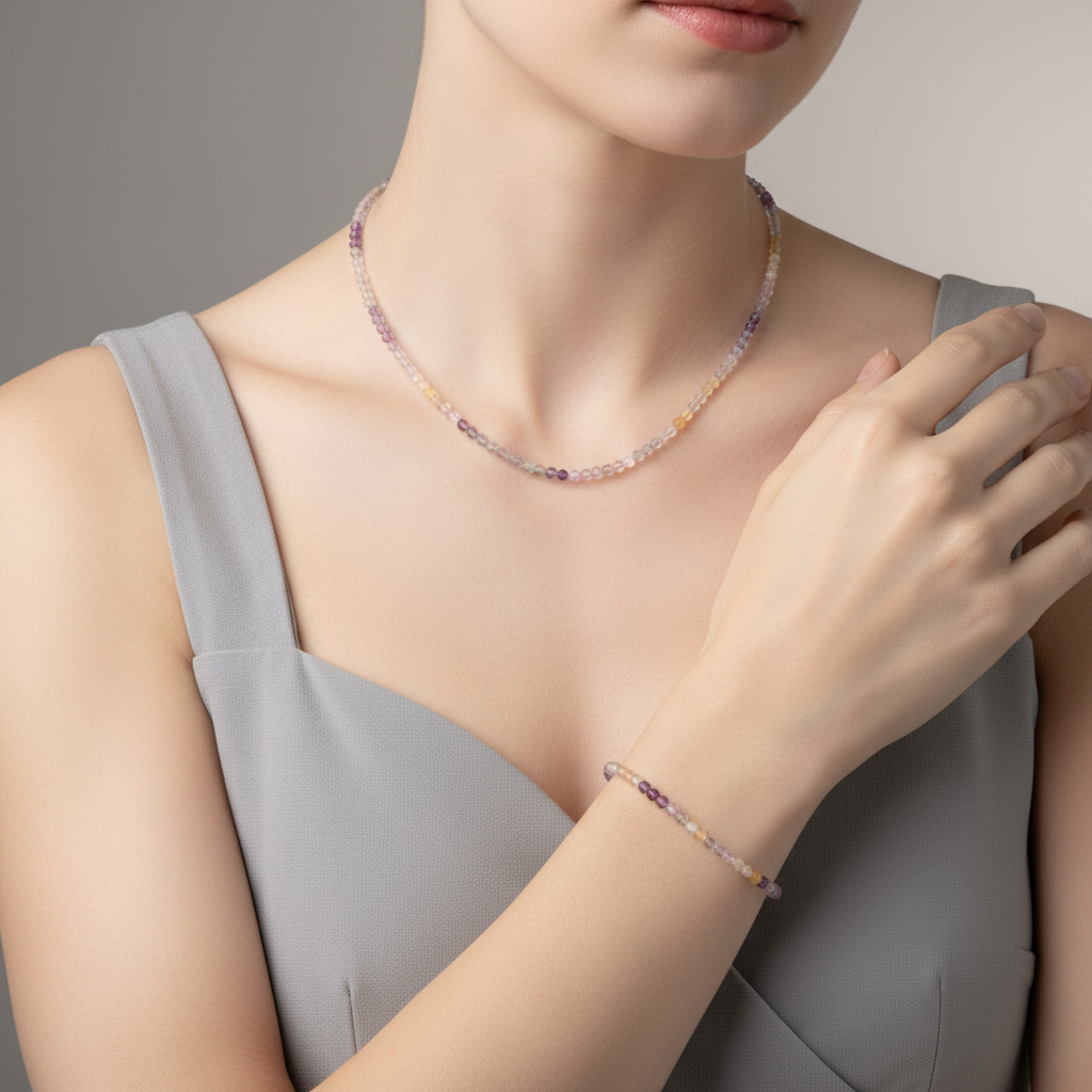 Laboratory Certified Fluorite Natural Stone Necklace & Bracelet Set 3–4 mm