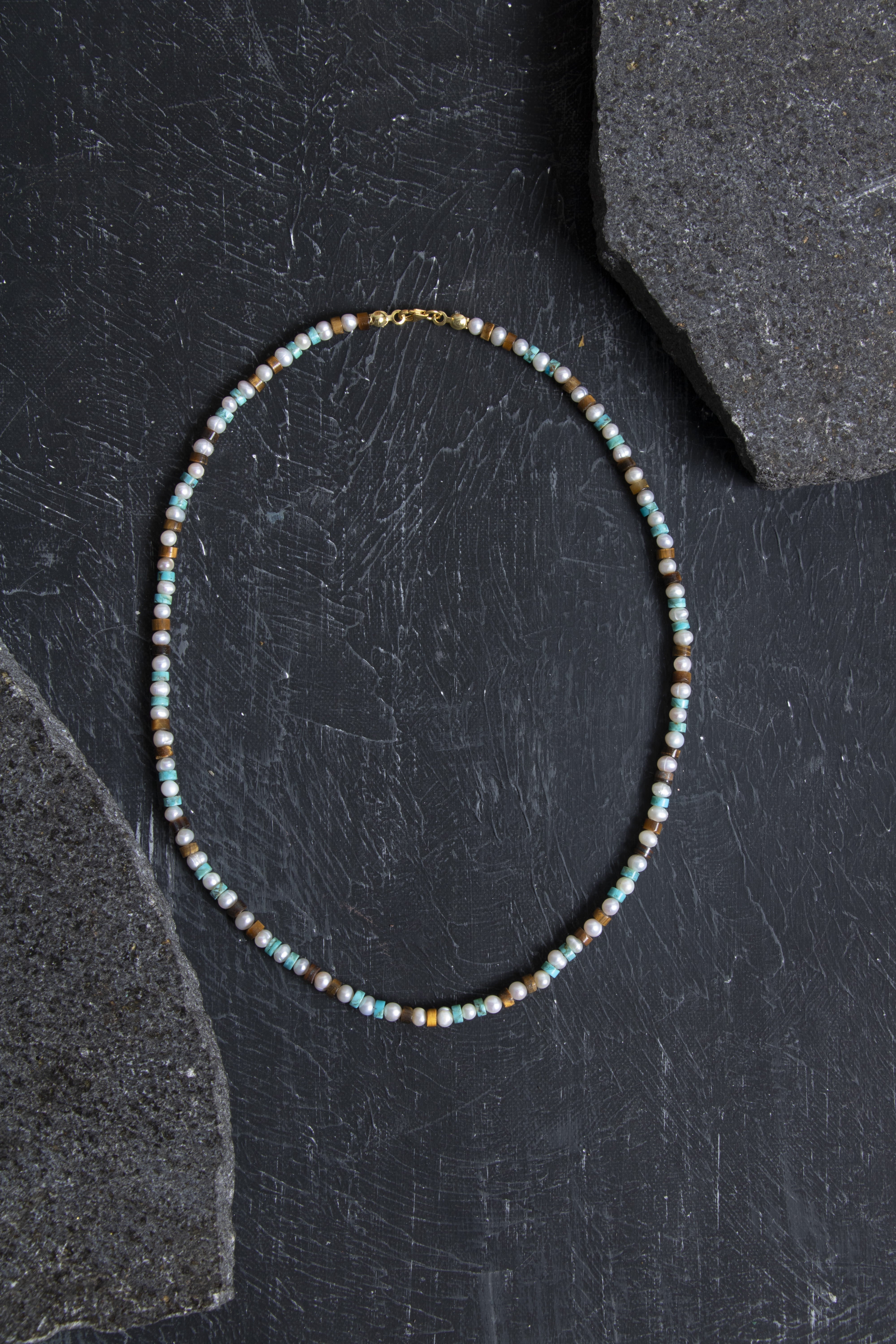 Sertifikalı İnci Kaplan Gözü Turkuaz Gümüş Kapama Doğal Taş Kolye