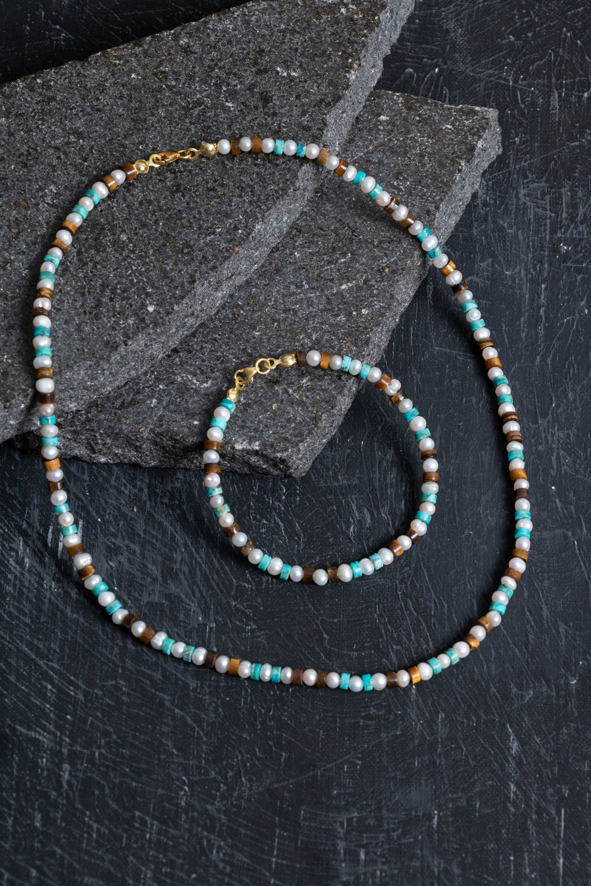 Sertifikalı İnci Kaplan Gözü Turkuaz Gümüş Kapama Doğal Taş Seti