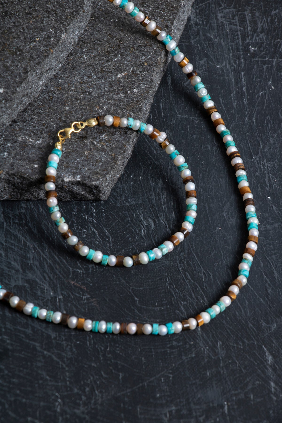 Sertifikalı İnci Kaplan Gözü Turkuaz Gümüş Kapama Doğal Taş Seti