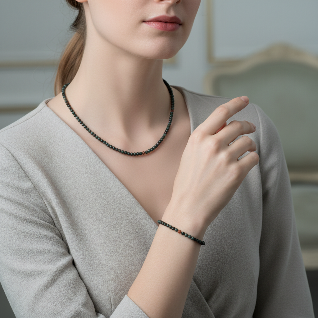 Laboratory Certified Bloodstone Natural Stone Necklace & Bracelet Set 4 mm