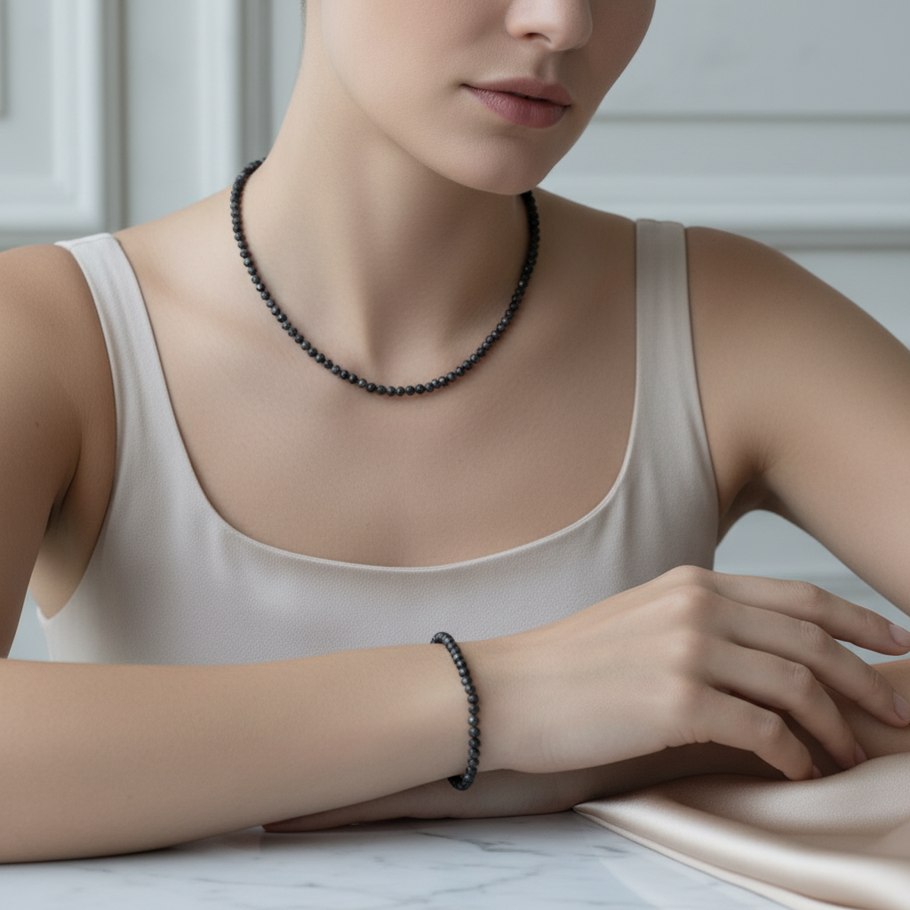 Laboratory Certified Snowflake Obsidian Natural Stone Necklace & Bracelet Set 4 mm