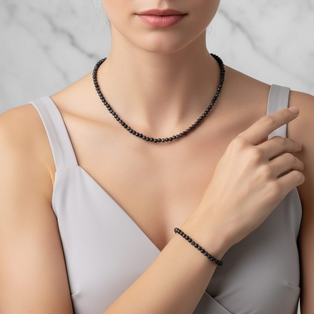 Laboratory Certified Snowflake Obsidian Natural Stone Necklace & Bracelet Set 4 mm