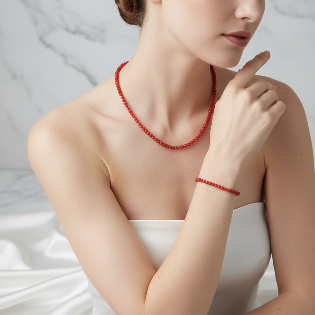 Laboratory Certified Red Agate Natural Stone Necklace & Bracelet Set 4 mm