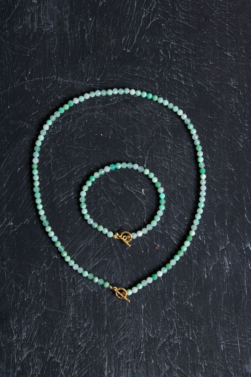 Laboratory Certified Chrysoprase Natural Stone Set with Gold-Plated & 925 Sterling Silver Accents (Necklace & Bracelet)