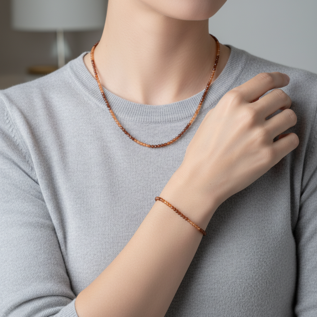 Laboratory Certified Hessonite Garnet Natural Stone Necklace & Bracelet Set 4 mm