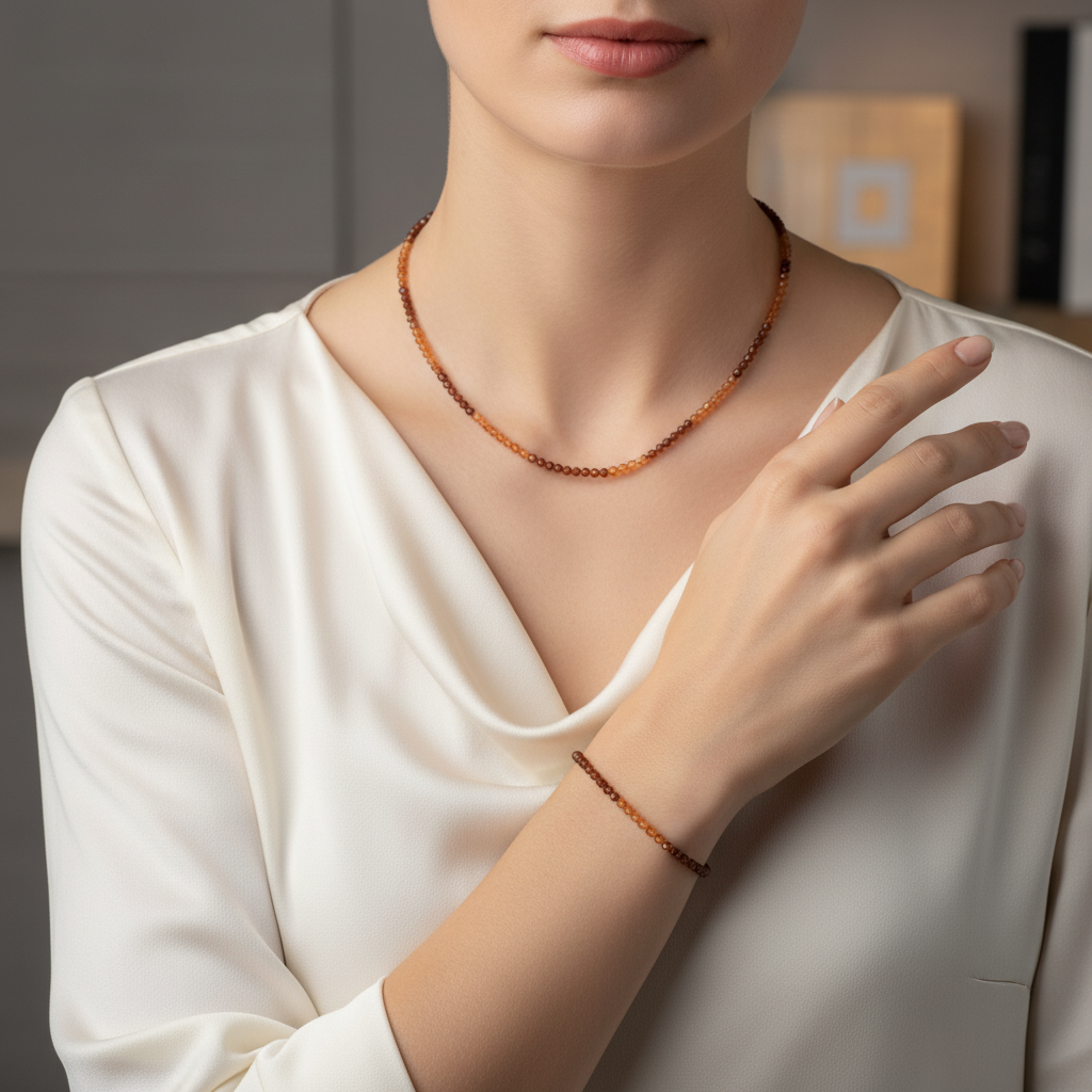 Laboratory Certified Hessonite Garnet Natural Stone Necklace & Bracelet Set 4 mm