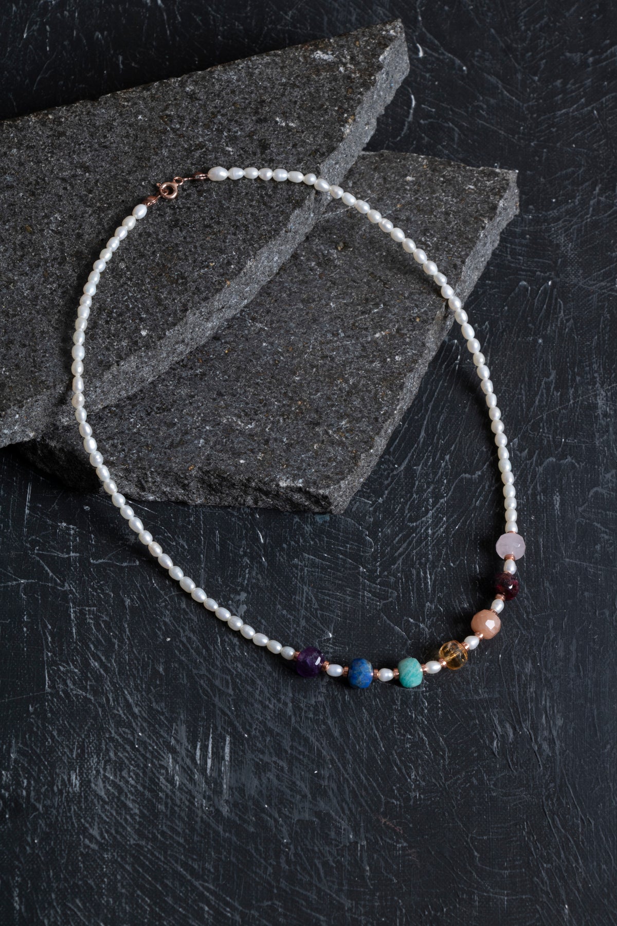 Sertifikalı Pembe Kuvars, Lal, Amazonit, Sitrin, Ametist, Güneş Taşı, Lapis, İnci Doğal Taş Kolye 