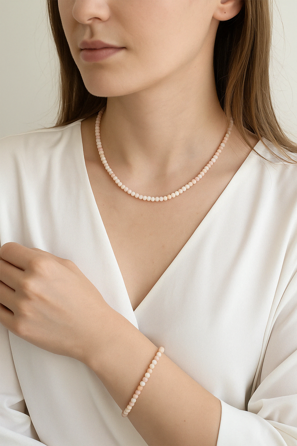 Laboratory Certified Pink Opal Natural Stone Necklace & Bracelet Set 4 mm