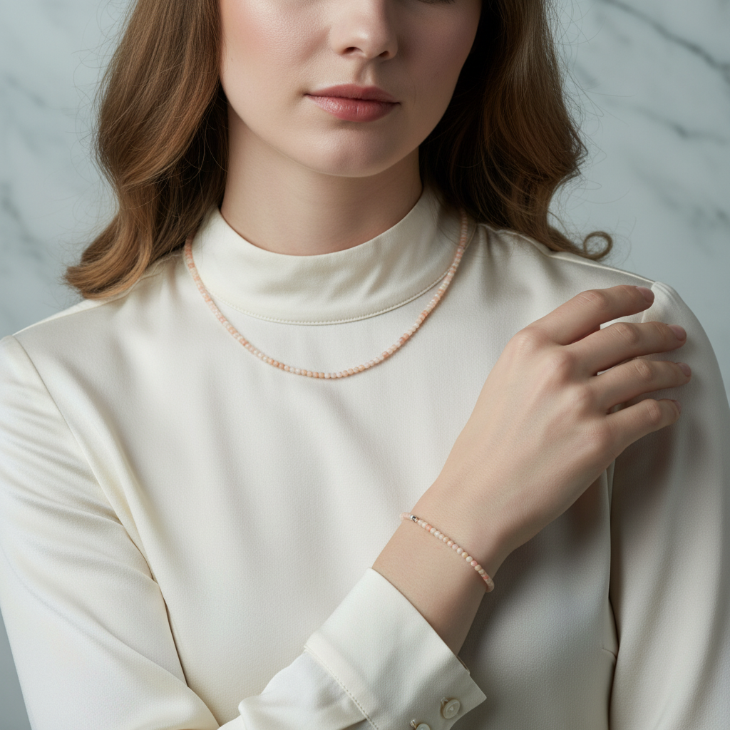 Laboratory Certified Pink Opal Natural Stone Necklace & Bracelet Set 4 mm