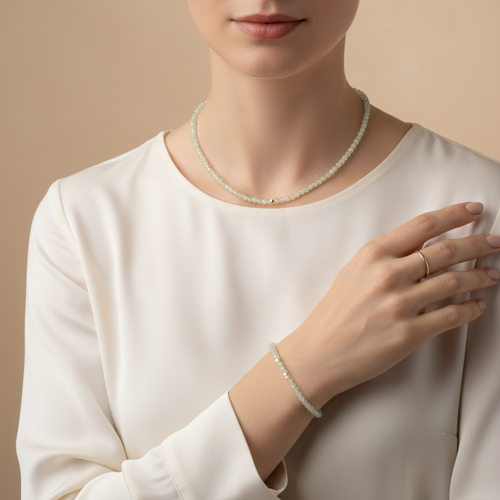 Laboratory Certified Prehnite Natural Stone Necklace & Bracelet Set 4 mm