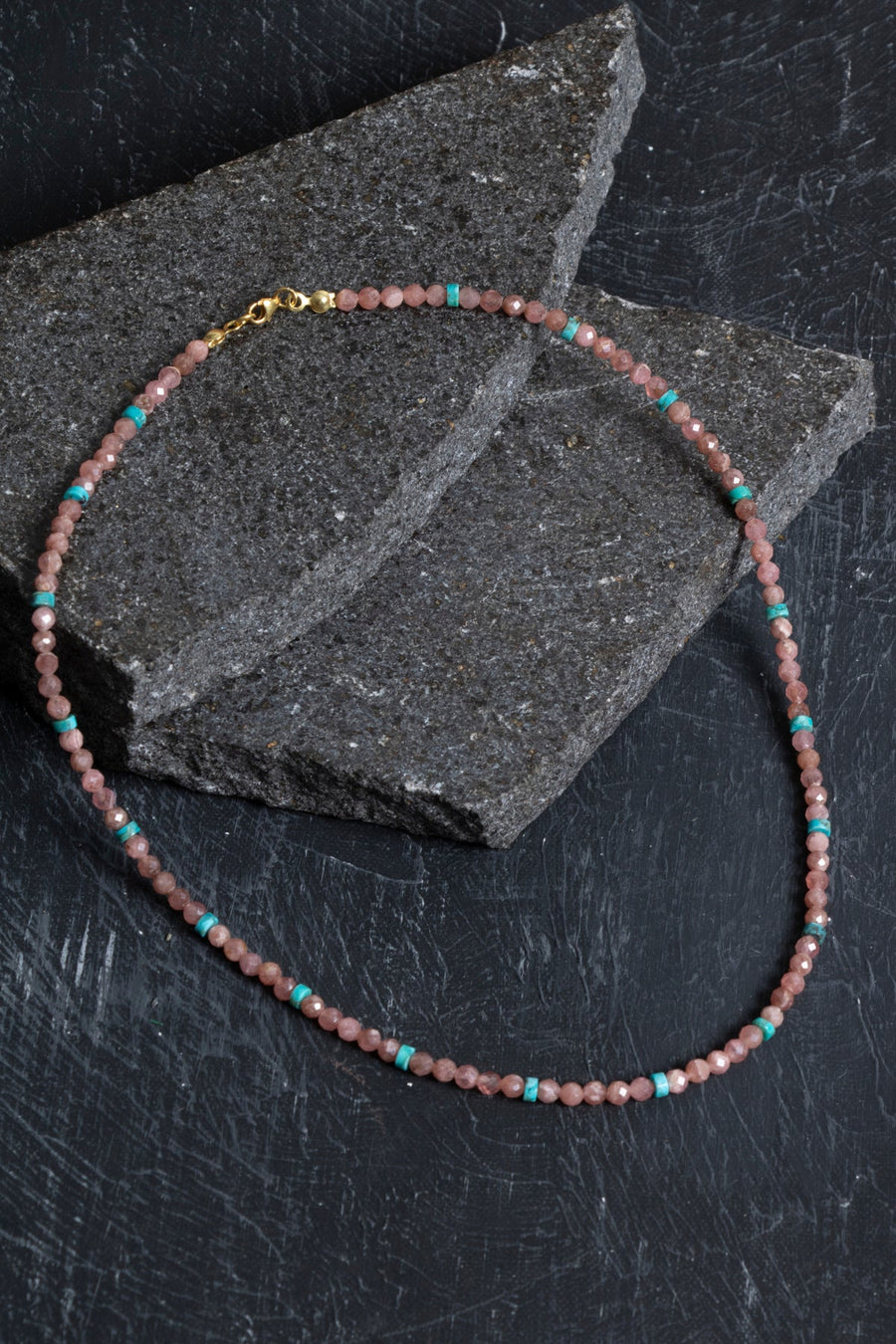 Laboratory Certified Rhodochrosite & Turquoise Natural Stone Necklace with 925 Sterling Silver Clasp