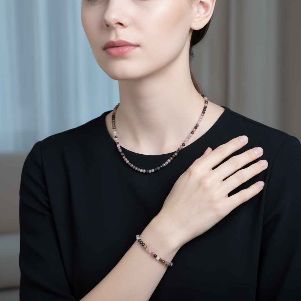 Laboratory Certified Tourmaline Natural Stone Necklace & Bracelet Set 3–4 mm