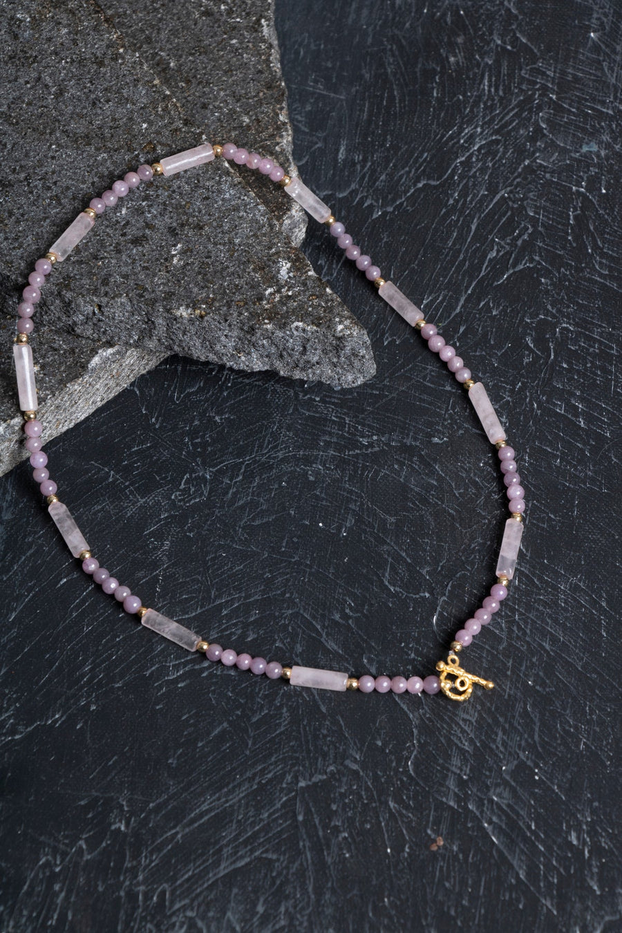Laboratory Certified Ruby & Rose Quartz Natural Stone Necklace with Gold-Plated Details and 925 Sterling Silver Clasp