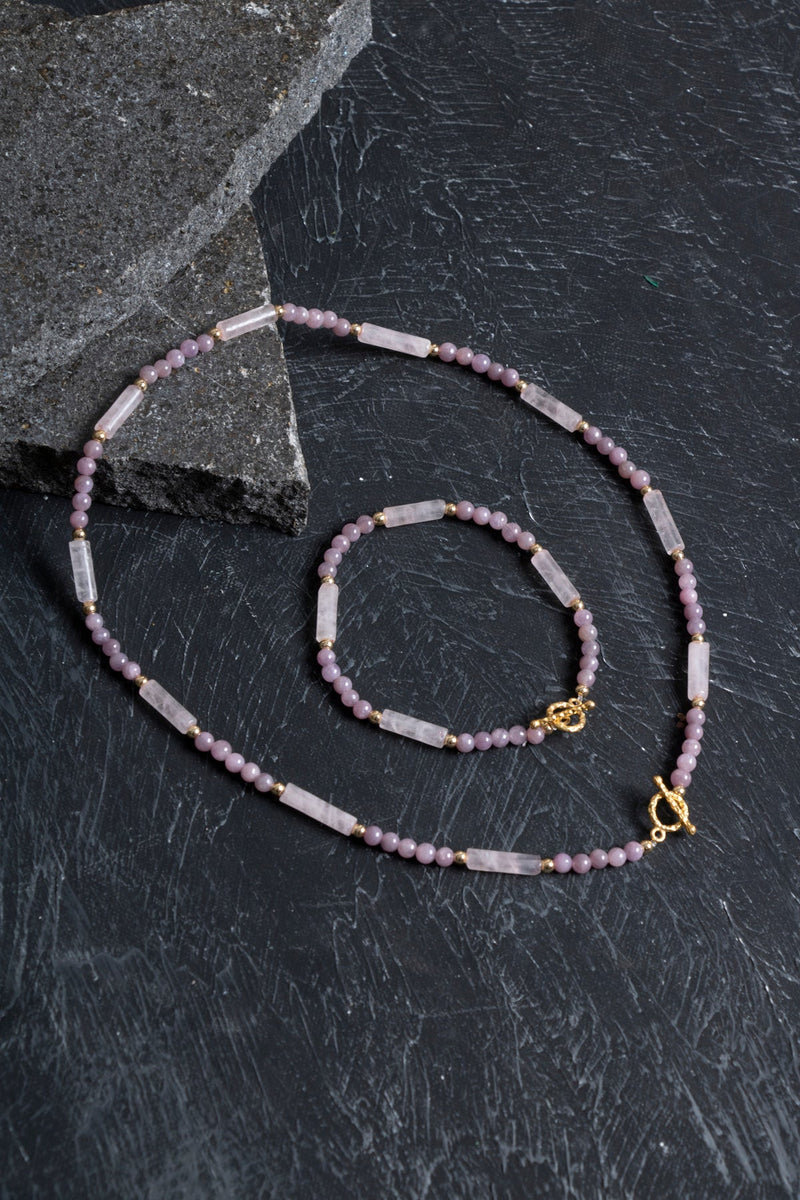 Laboratory Certified Ruby & Rose Quartz Natural Stone Set with Gold-Plated Details and 925 Sterling Silver Clasp (Necklace & Bracelet)