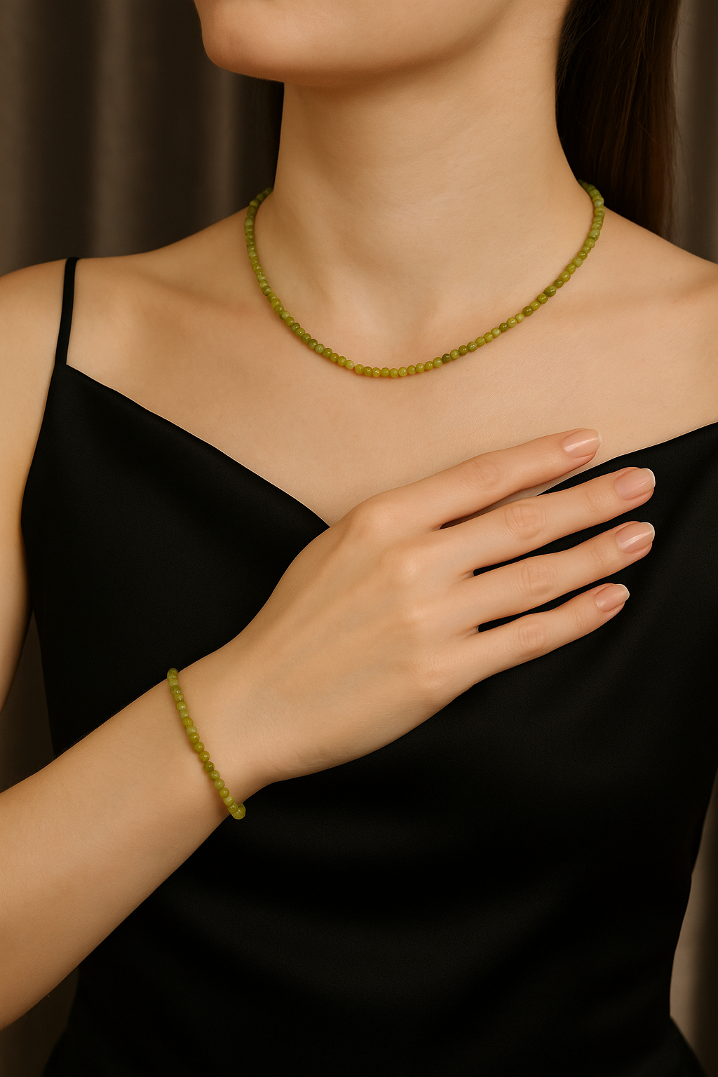 Laboratory Certified Jade (Serpentine) Natural Stone Necklace & Bracelet Set 4 mm Round Bead Cut