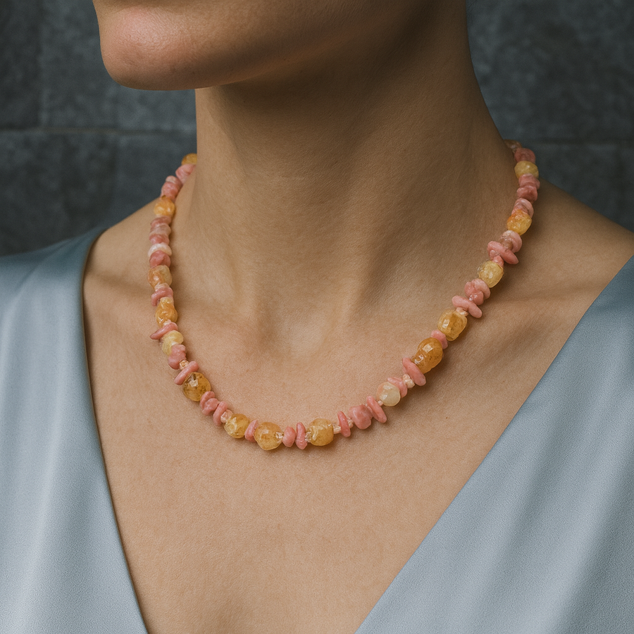 Laboratory Certified Citrine & Rhodochrosite Natural Stone Necklace with 925 Sterling Silver Clasp