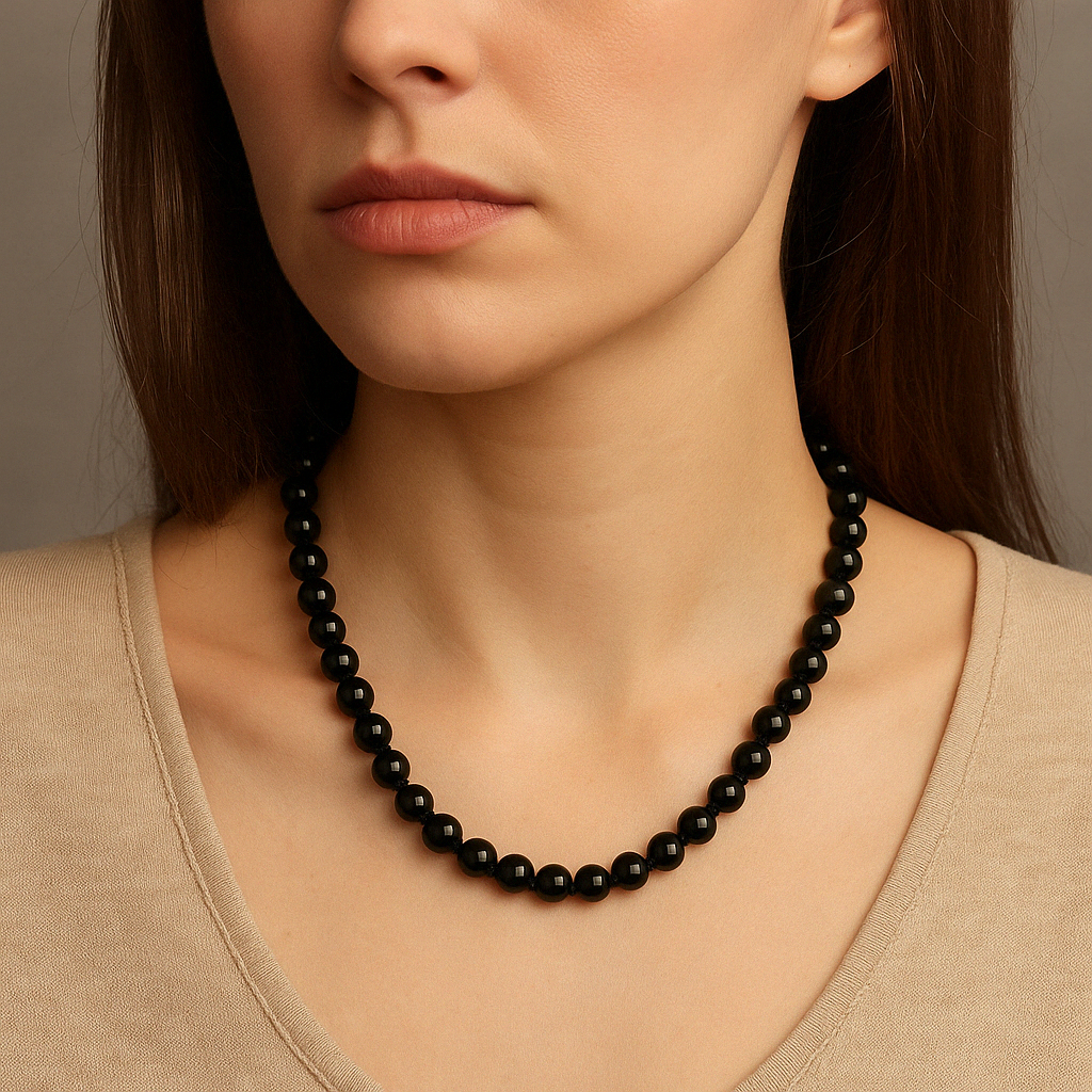 Laboratory Certified Black Eye Agate 8 mm Knotted Natural Stone Necklace