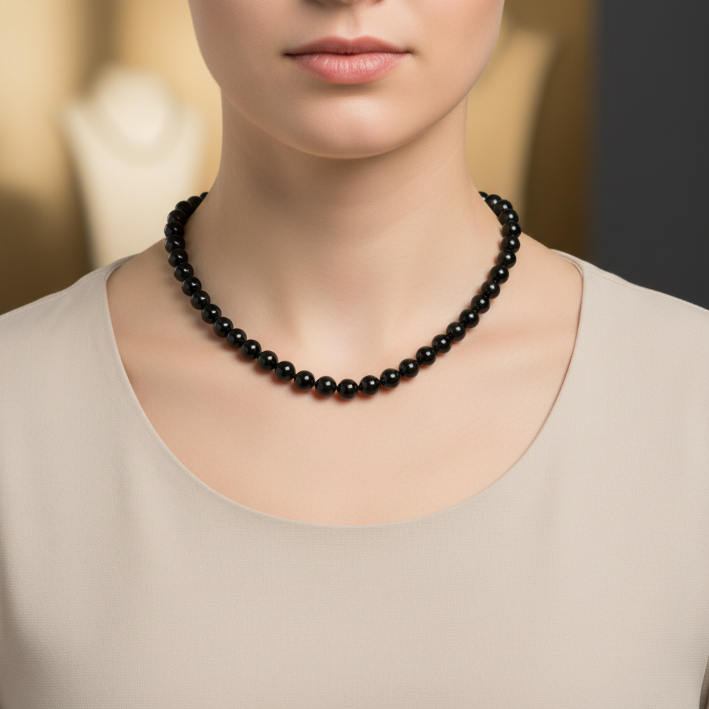 Laboratory Certified Black Tourmaline 8 mm Knotted Natural Stone Necklace