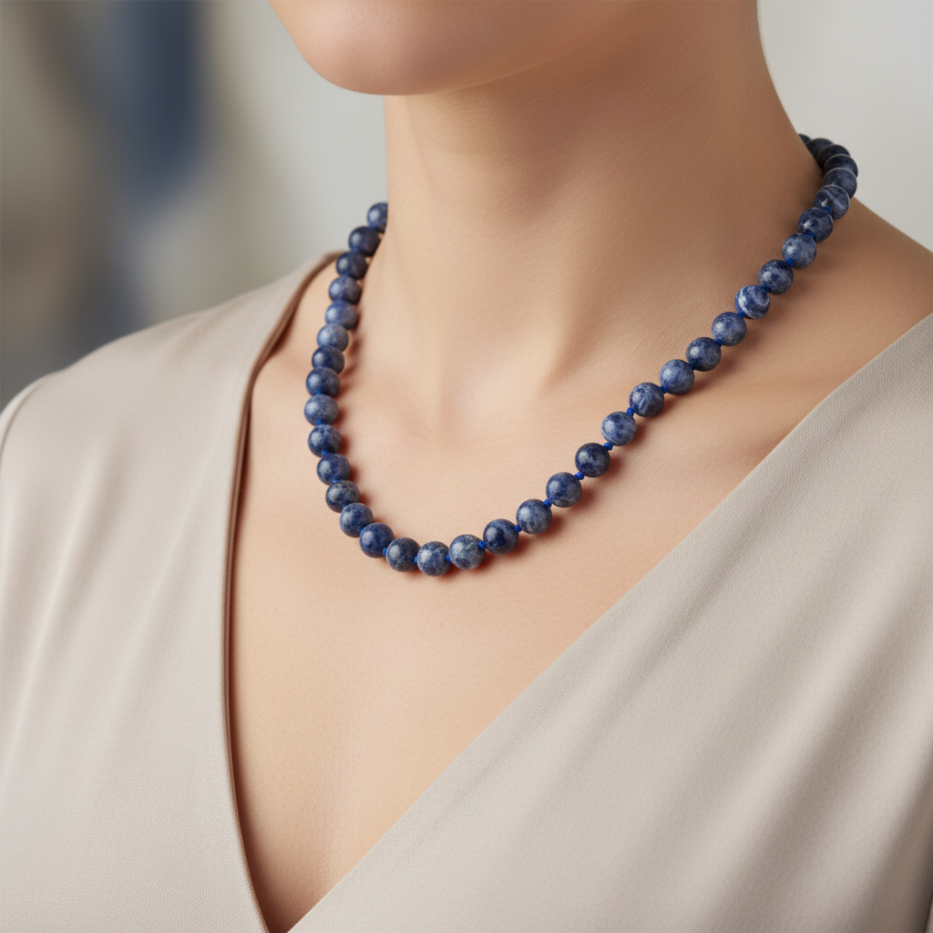 Laboratory Certified Sodalite 8 mm Knotted Natural Stone Necklace