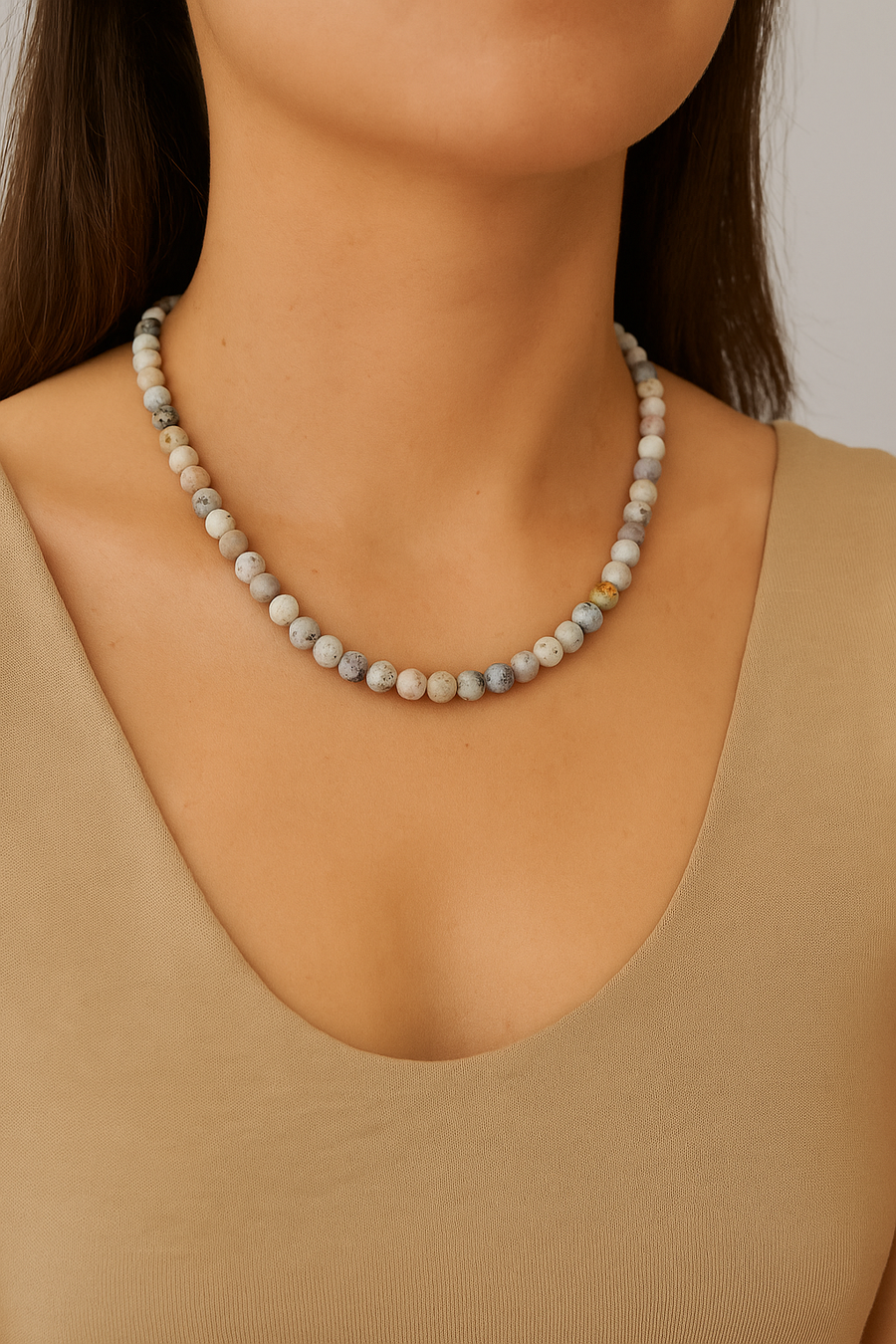 Laboratory Certified Milk Opal 8 mm Natural Stone Necklace