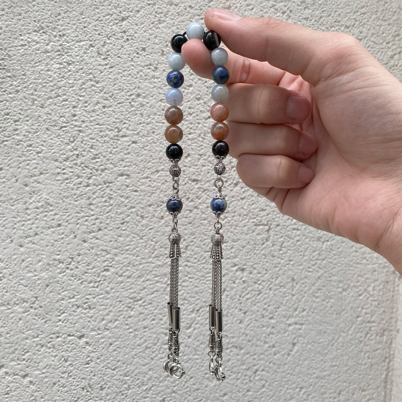 Laboratory Certified Libra Zodiac Zaza-Style-Style Prayer Beads – Aquamarine, Sunstone, Chalcedony, Lapis Lazuli and Black Eye Agate