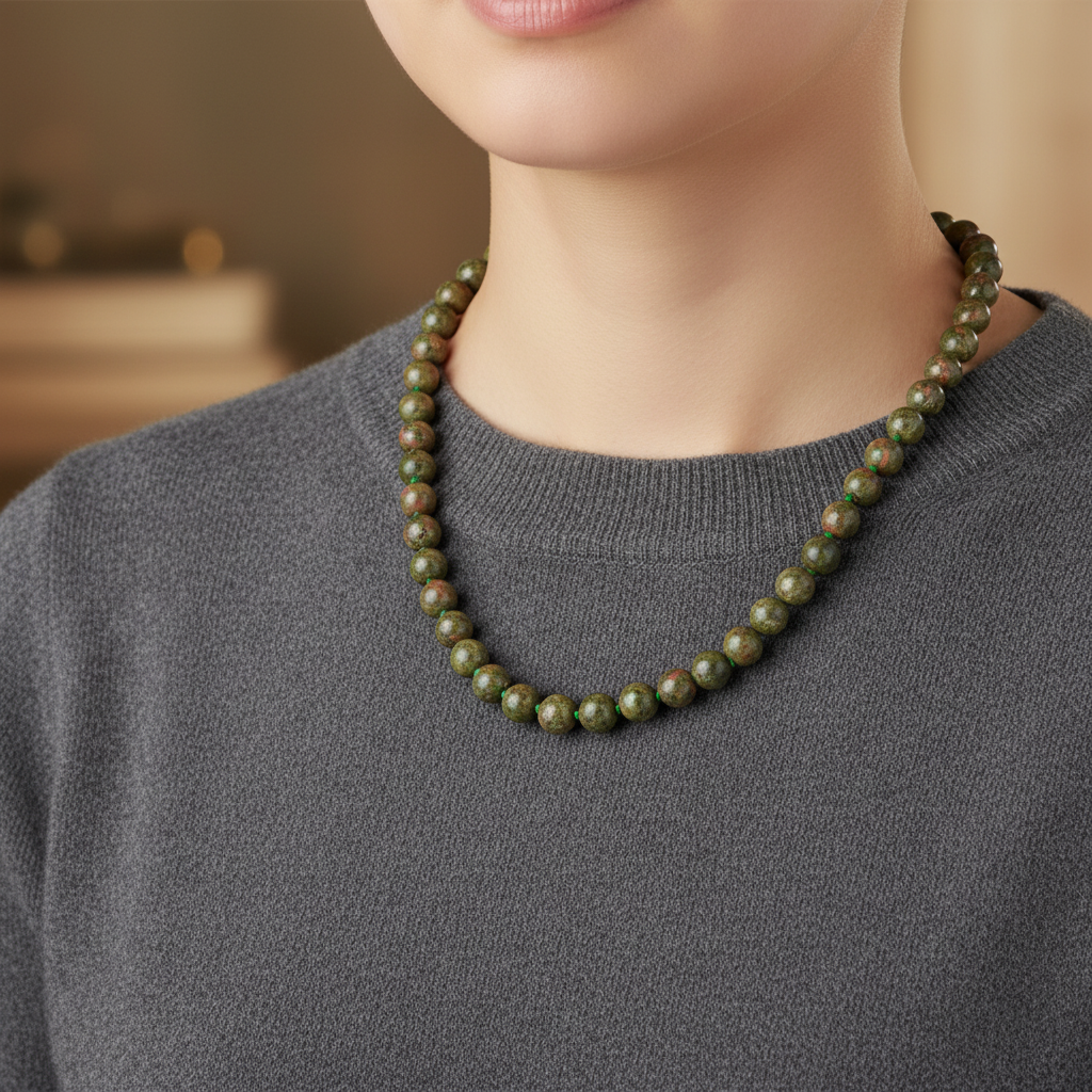 Laboratory Certified Unakite 8 mm Knotted Natural Stone Necklace