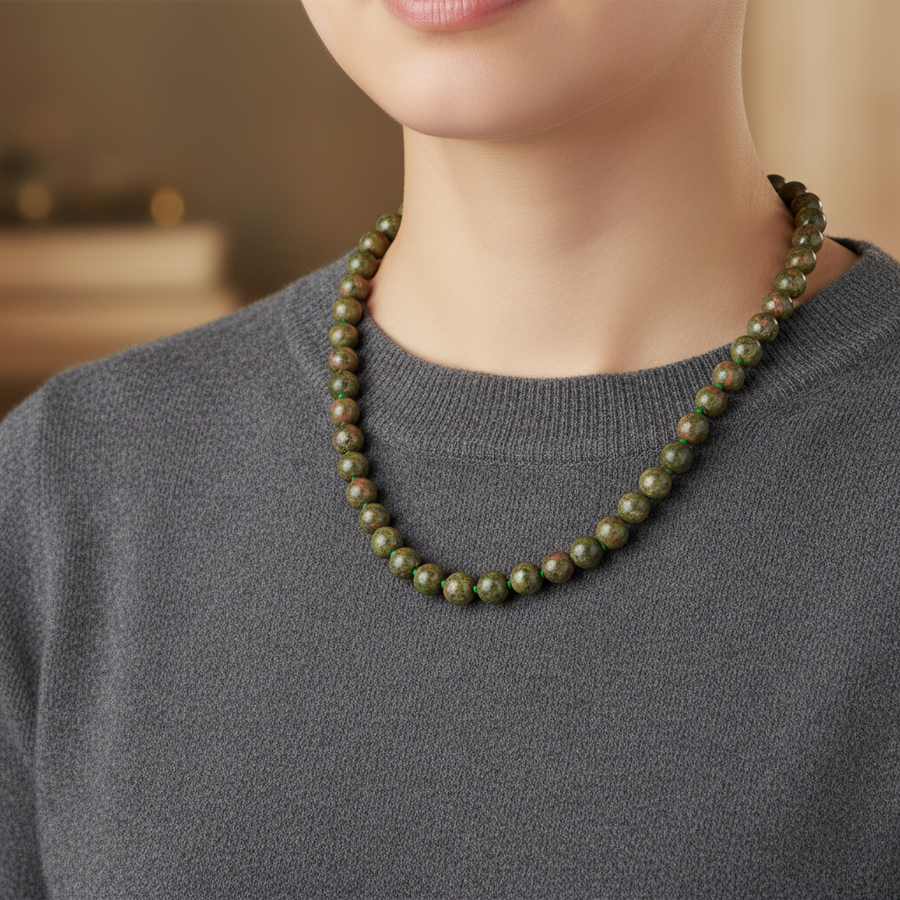 Laboratory Certified Unakite 8 mm Knotted Natural Stone Necklace