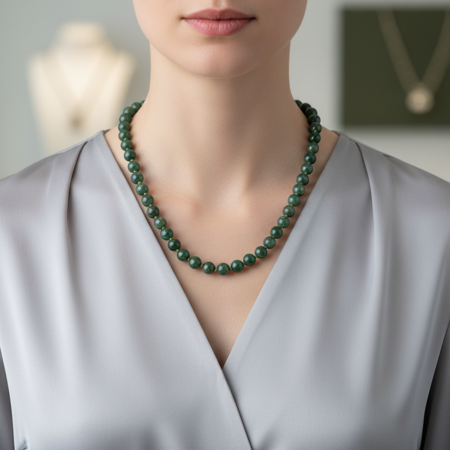 Laboratory Certified Green Apatite 6 mm Knotted Natural Stone Necklace