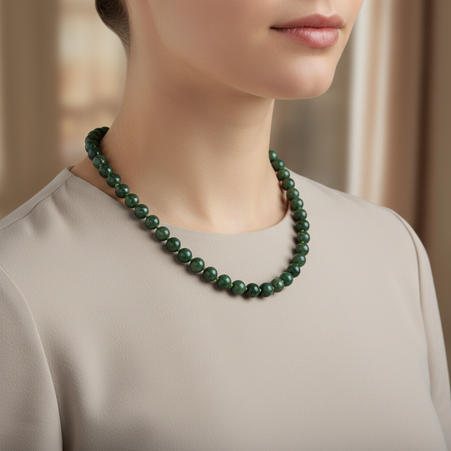 Laboratory Certified Green Apatite 8 mm Knotted Natural Stone Necklace