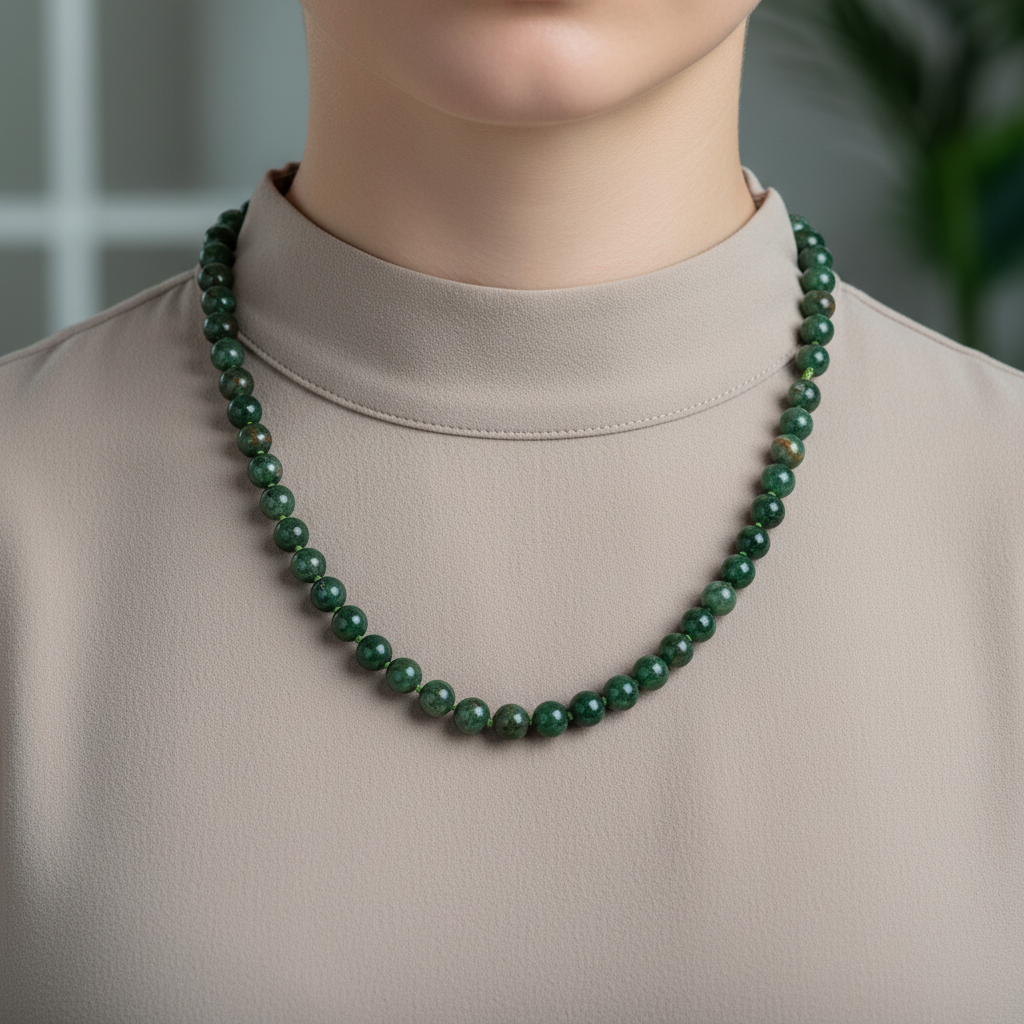 Laboratory Certified Green Apatite 8 mm Knotted Natural Stone Necklace