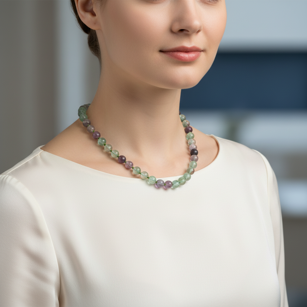 Laboratory Certified Green Fluorite 8 mm Knotted Natural Stone Necklace