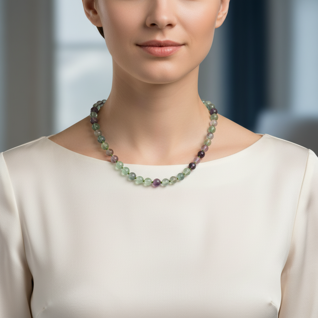 Laboratory Certified Green Fluorite 8 mm Knotted Natural Stone Necklace