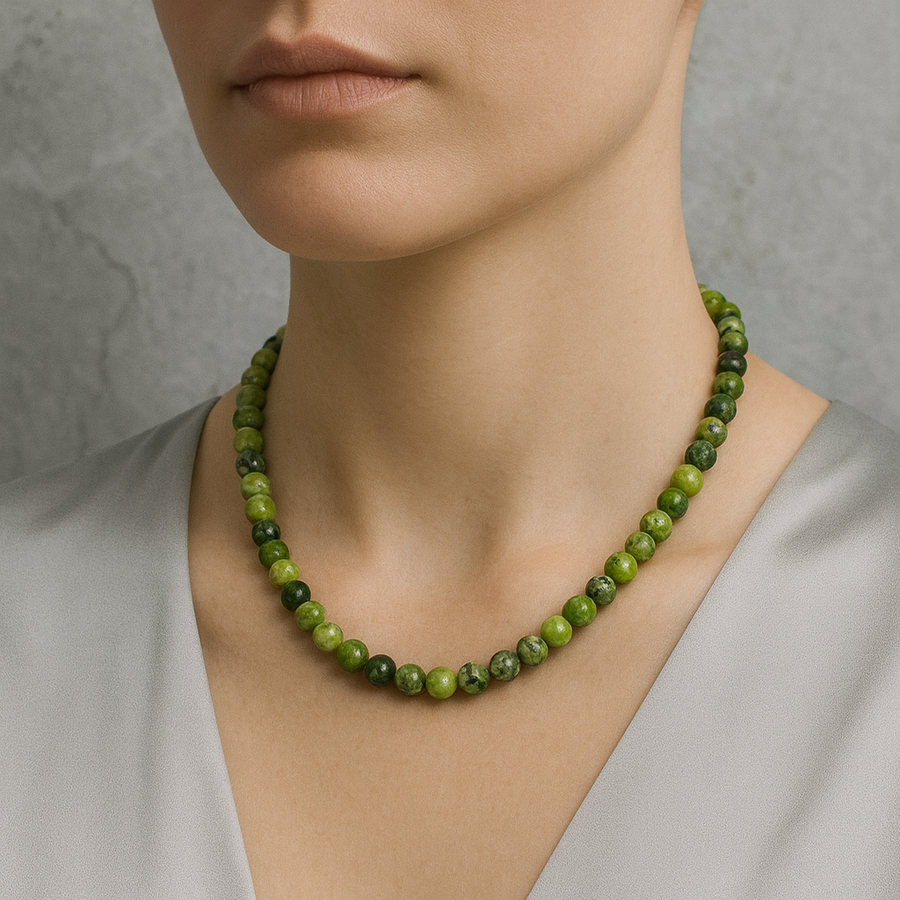 Laboratory Certified Jade (Serpentine) 8 mm Natural Stone Necklace
