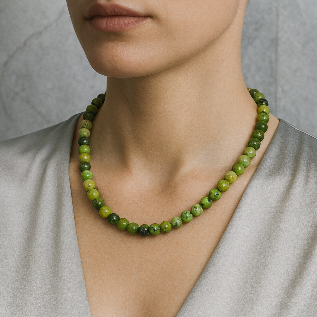 Laboratory Certified Jade (Serpentine) 8 mm Natural Stone Necklace